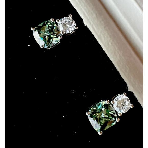 Cushion Cut 2.3ct Green Sapphire & Diamond .925 Silver Stud Earrings Lab Created - Picture 2 of 16